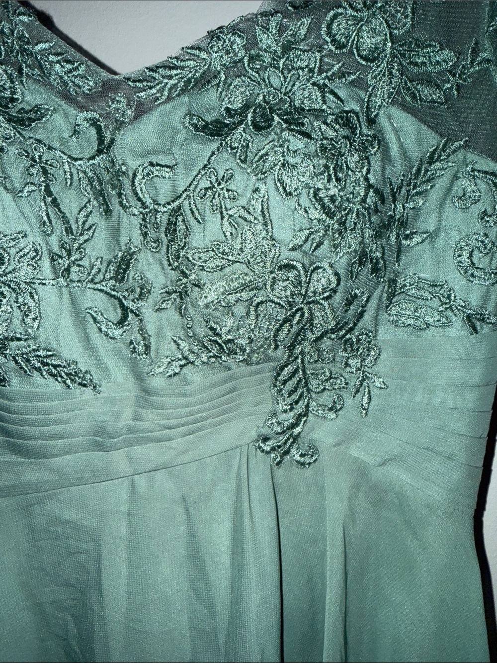 Sage Green Lace & Chiffon High-Low Evening Dress - Picture 5 of 7